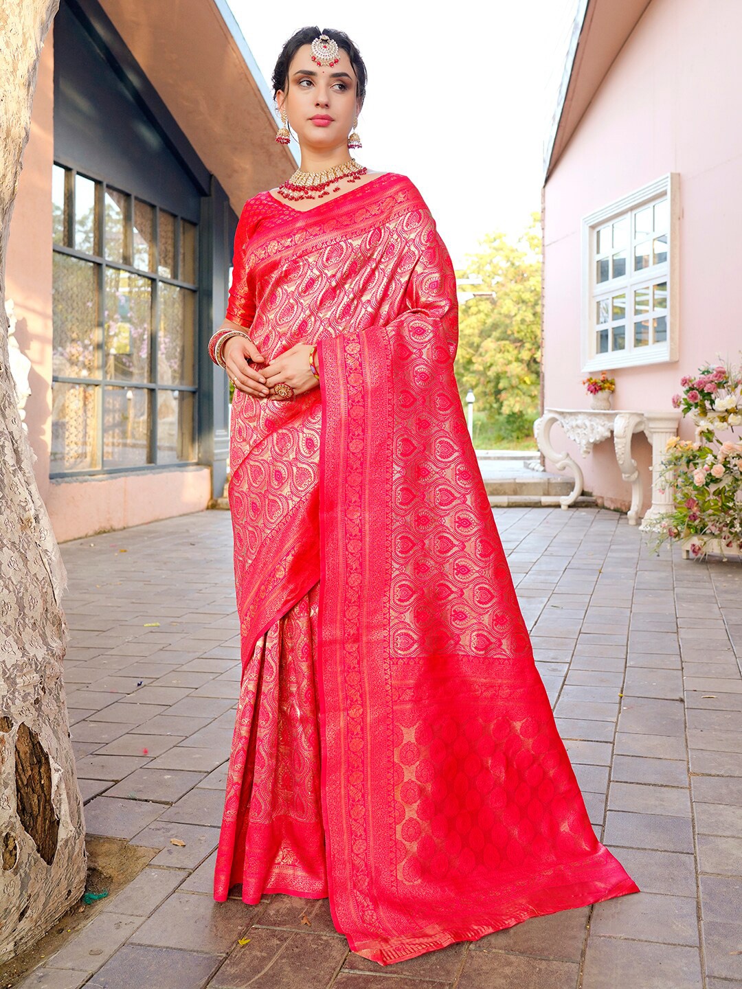 

Anouk Pink & Gold-Toned Ethnic Motifs Woven Design Zari Kanjeevaram Saree