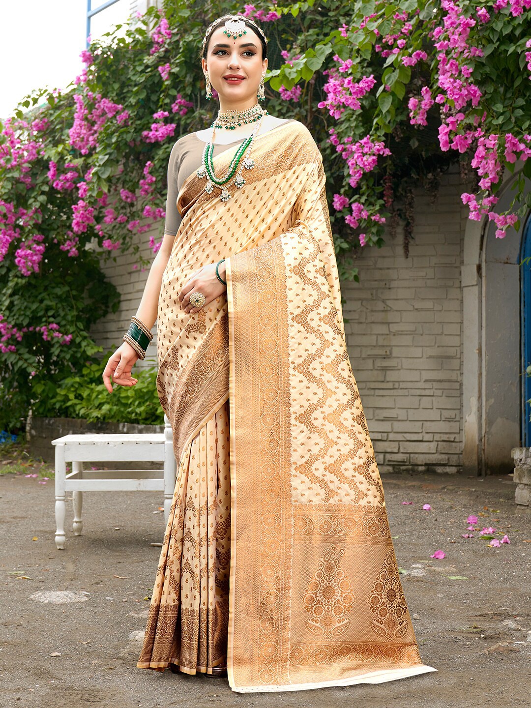 

Anouk Cream-Coloured Ethnic Motifs Woven Design Zari Detailed Banarasi Saree