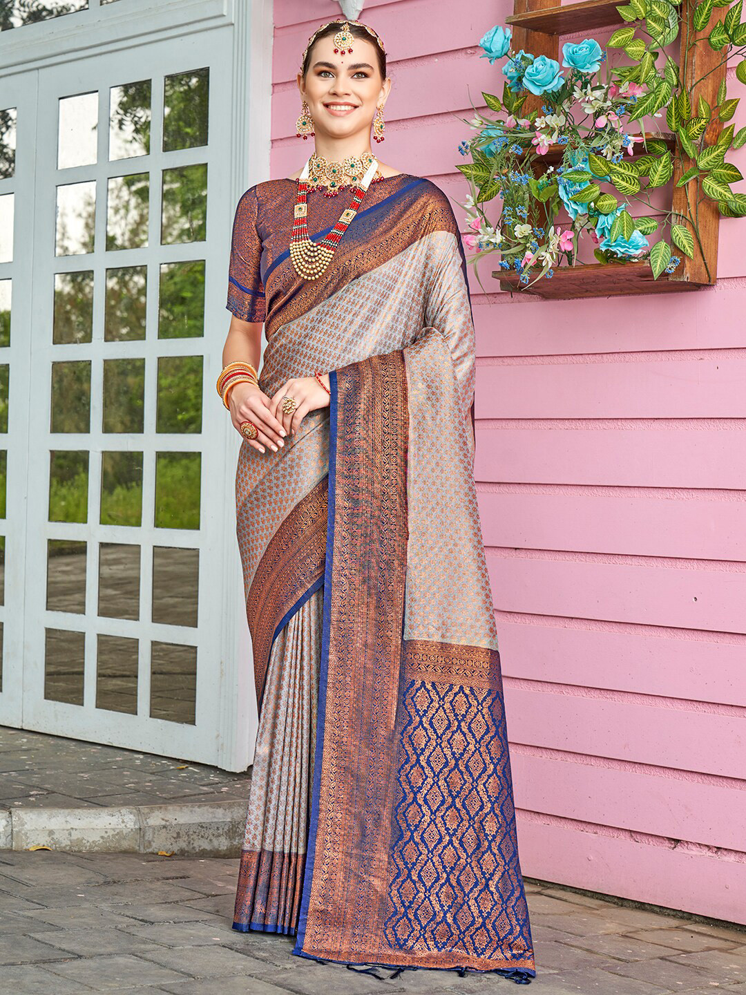 

Anouk Blue & Grey Ethnic Motifs Woven Design Zari Art Silk Saree