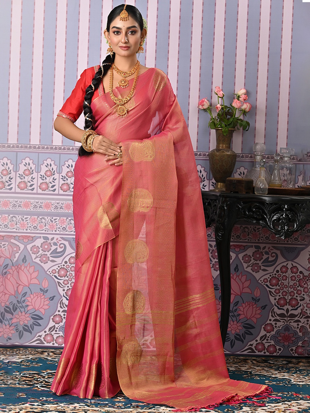 

Anouk Pink & Gold-Toned Woven Design Zari Tissue Saree