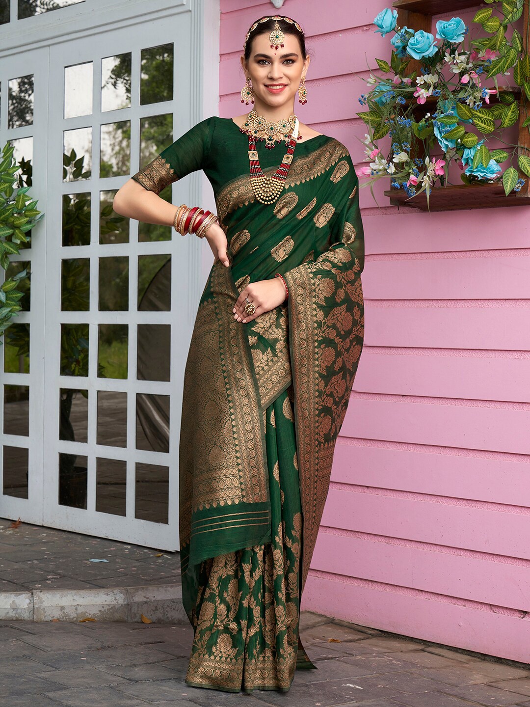 

Anouk Green & Gold-Toned Ethnic Motifs Woven Design Zari Art Silk Saree