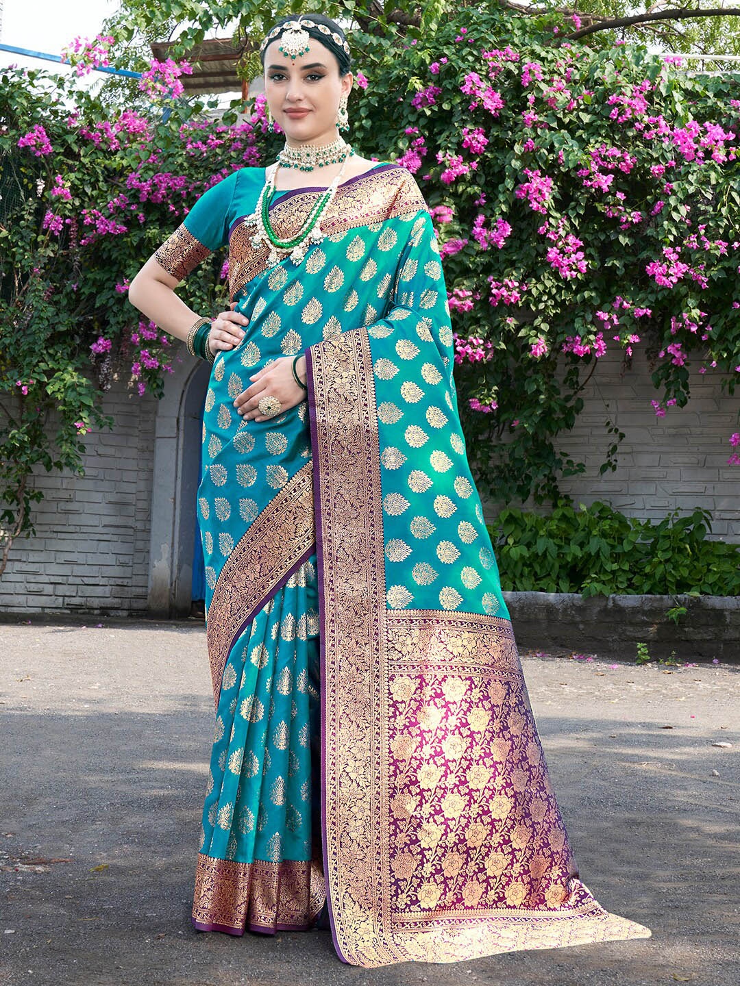 

Anouk Turquoise Blue & Purple Ethnic Motifs Woven Design Zari Banarasi Saree