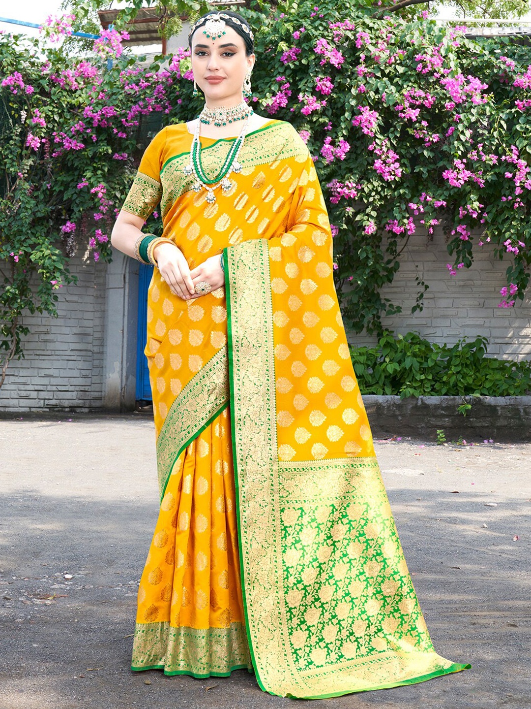 

Anouk Yellow & Green Ethnic Motifs Woven Design Zari Banarasi Saree
