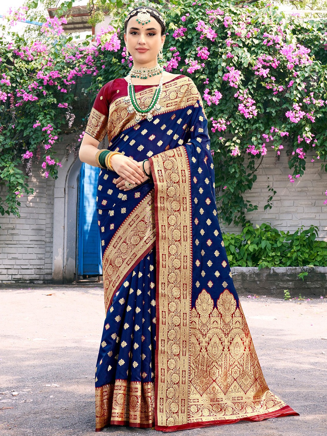 

Anouk Navy Blue & Maroon Ethnic Motifs Woven Design Zari Art Silk Banarasi Saree