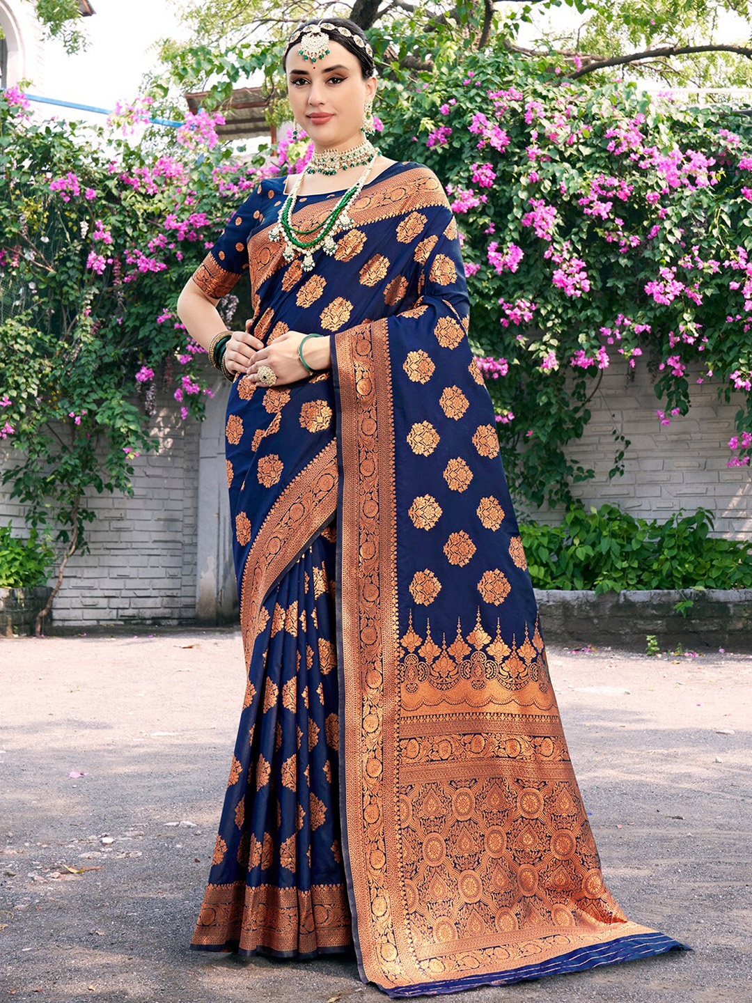 

Anouk Blue & Gold-Toned Ethnic Motifs Woven Design Zari Banarasi Saree
