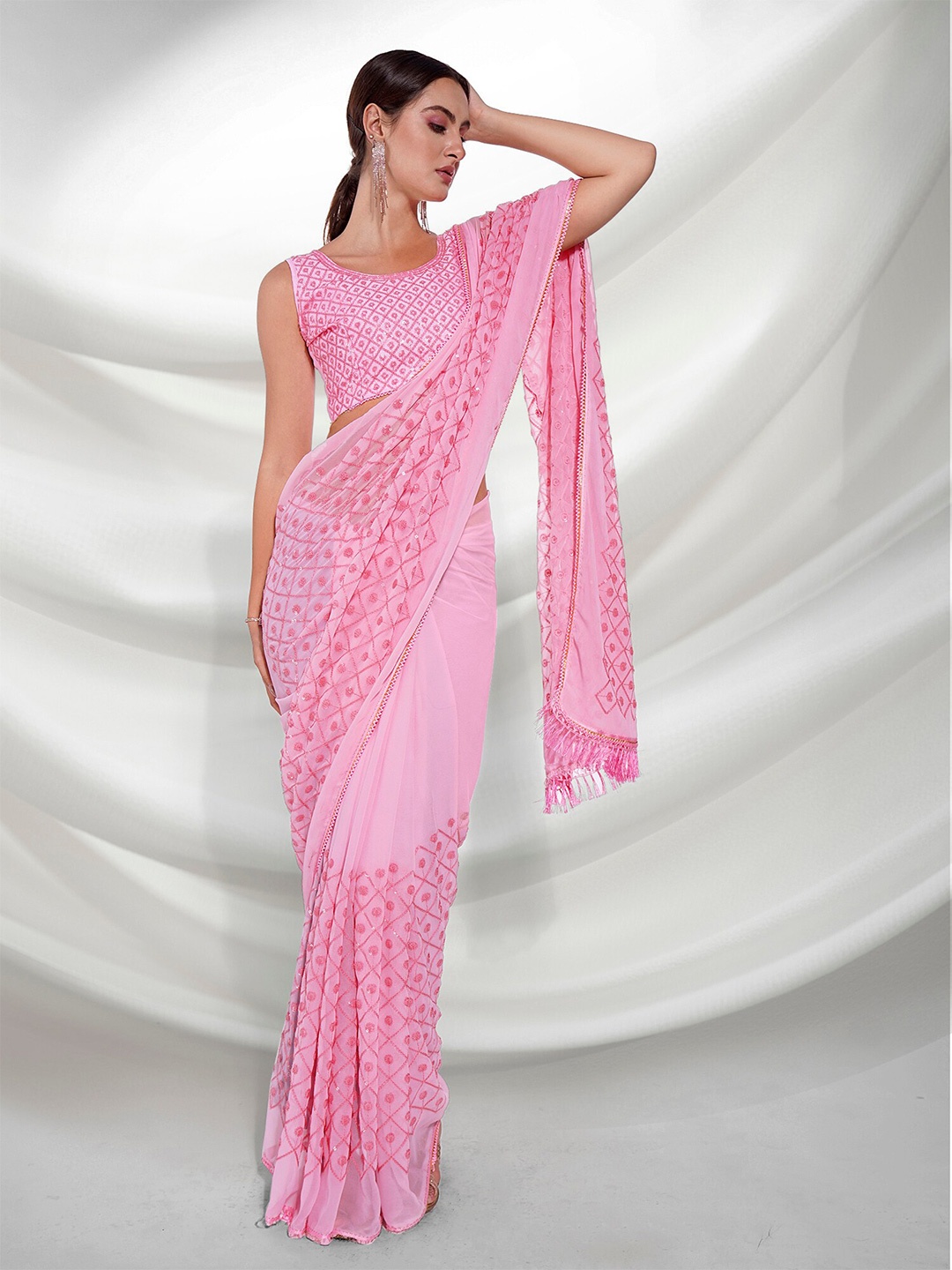 

Mitera Embellished Sequinned Pure Georgette Saree, Pink
