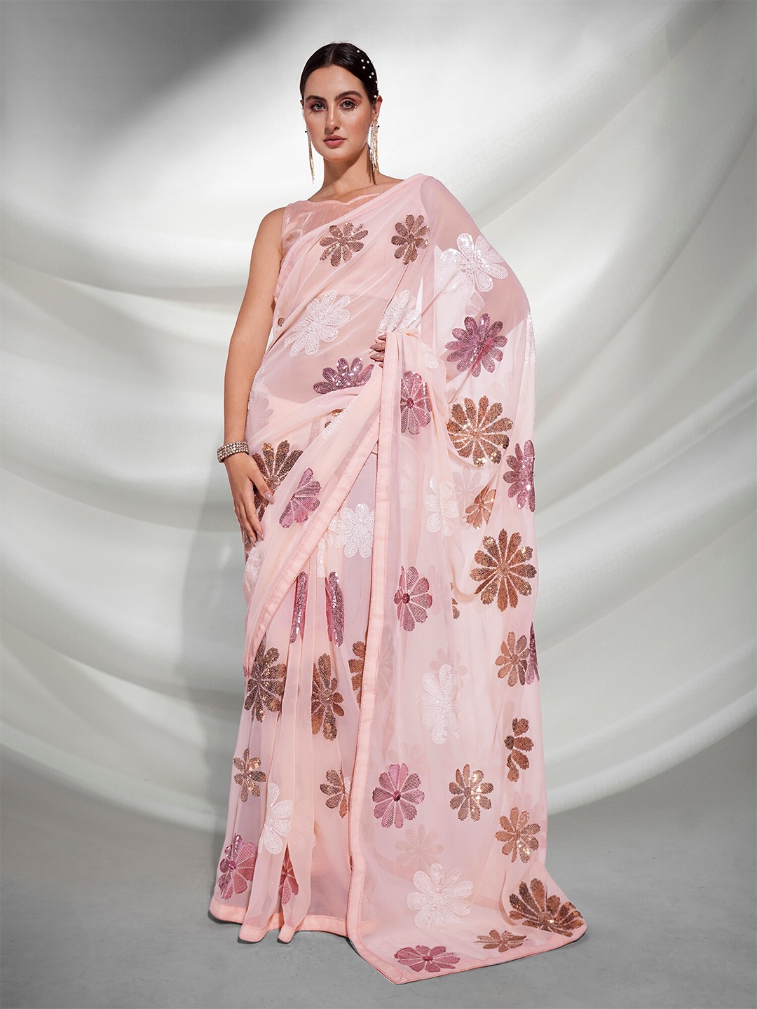 

Mitera Peach & Gold Embellished Sequinned Pure Georgette Saree