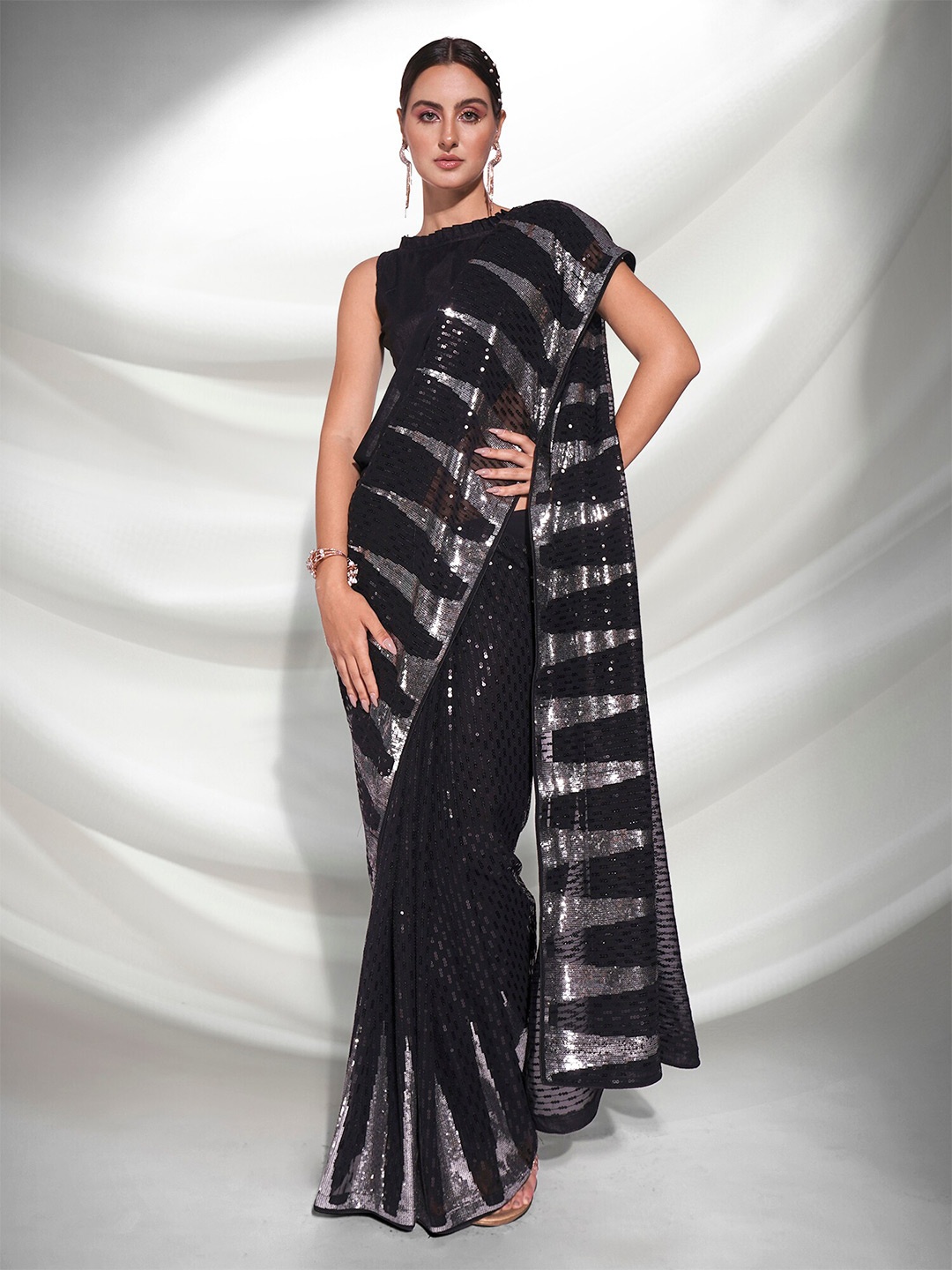 

Mitera Black & Silver Embellished Sequinned Pure Georgette Saree