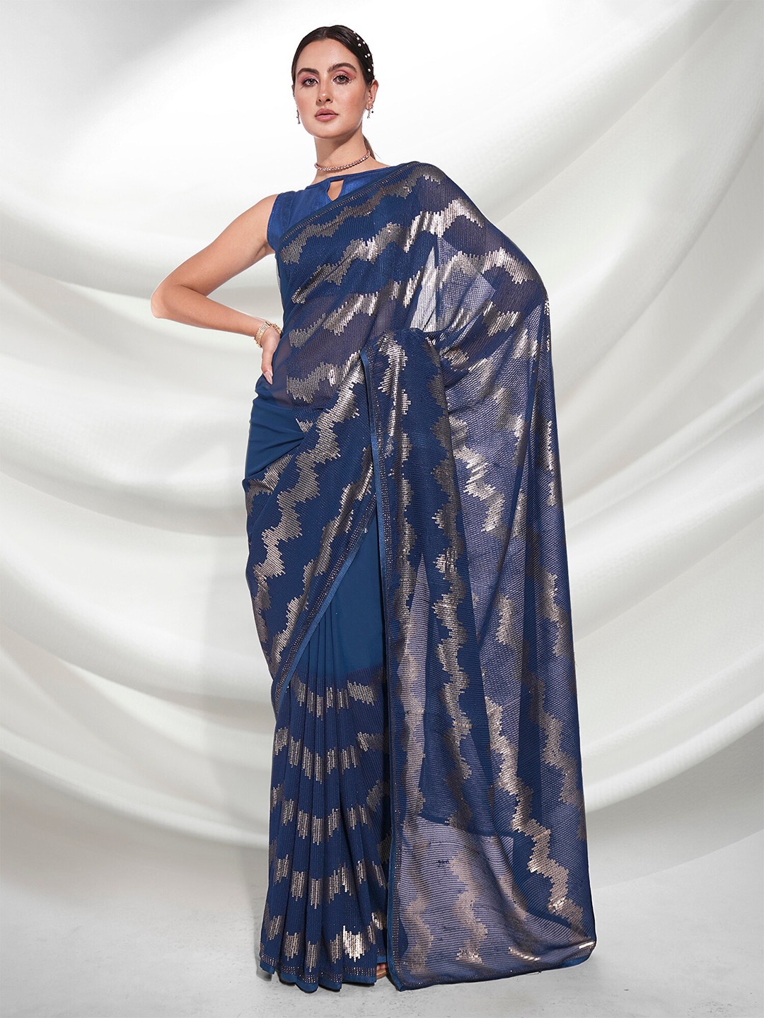 

Mitera Teal & Silver-Toned Embellished Sequinned Pure Georgette Saree