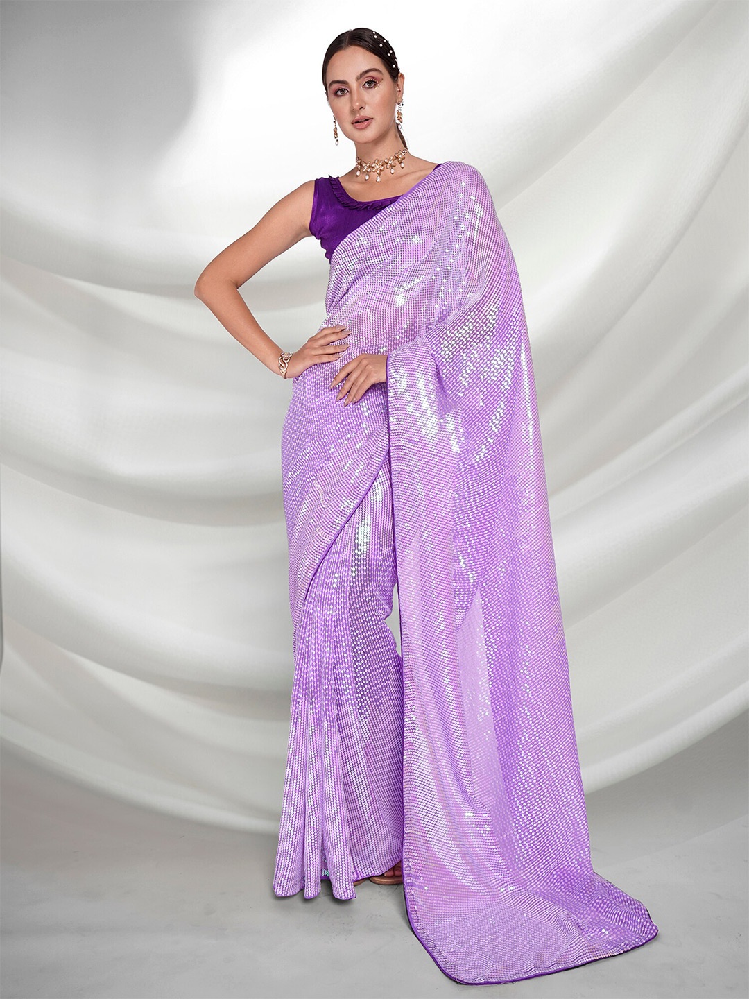 

Mitera Purple Embellished Sequinned Pure Georgette Saree