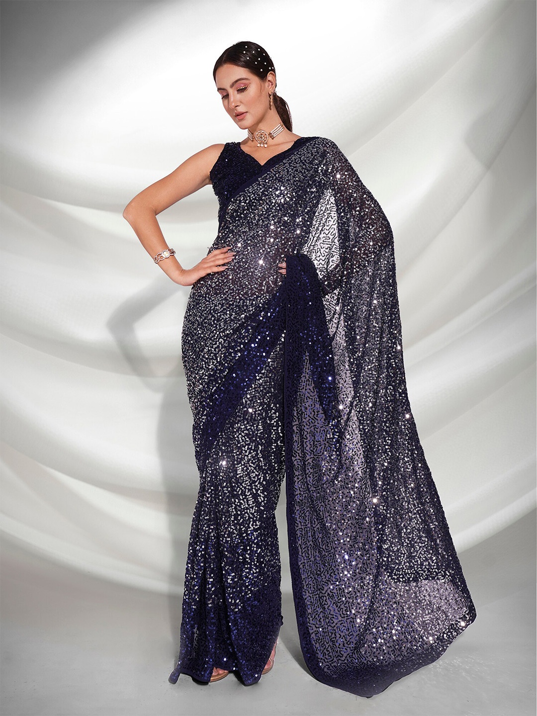 

Mitera Embellished Sequinned Pure Georgette Saree, Navy blue