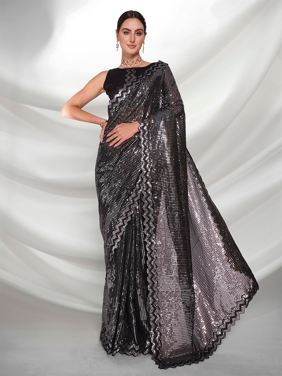 

Mitera Embellished Sequinned Pure Georgette Saree, Black