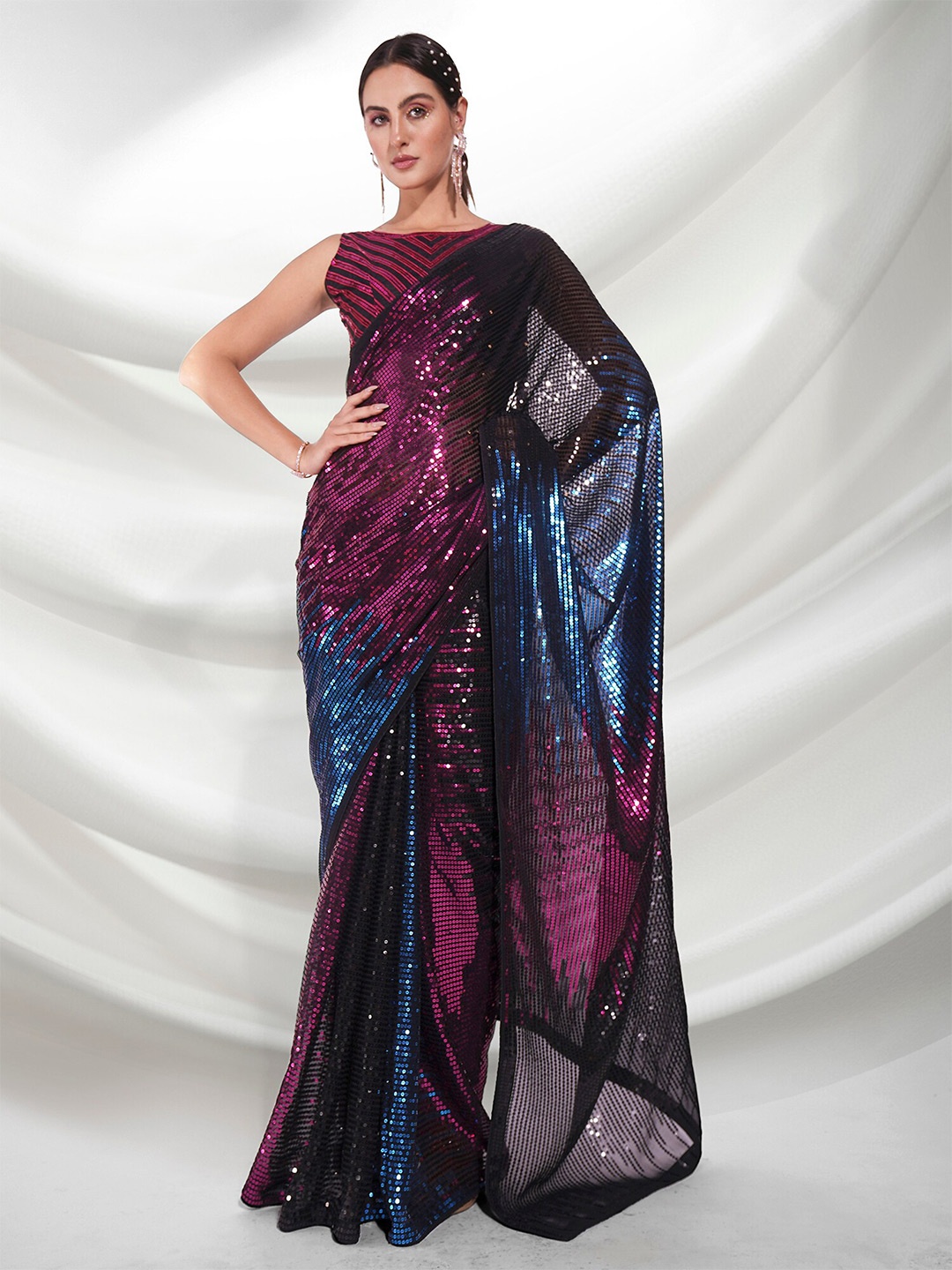 

Mitera Embellished Sequinned Pure Georgette Saree, Black