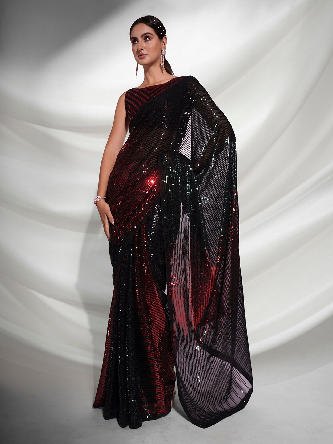 

Mitera Embellished Sequinned Pure Georgette Saree, Black