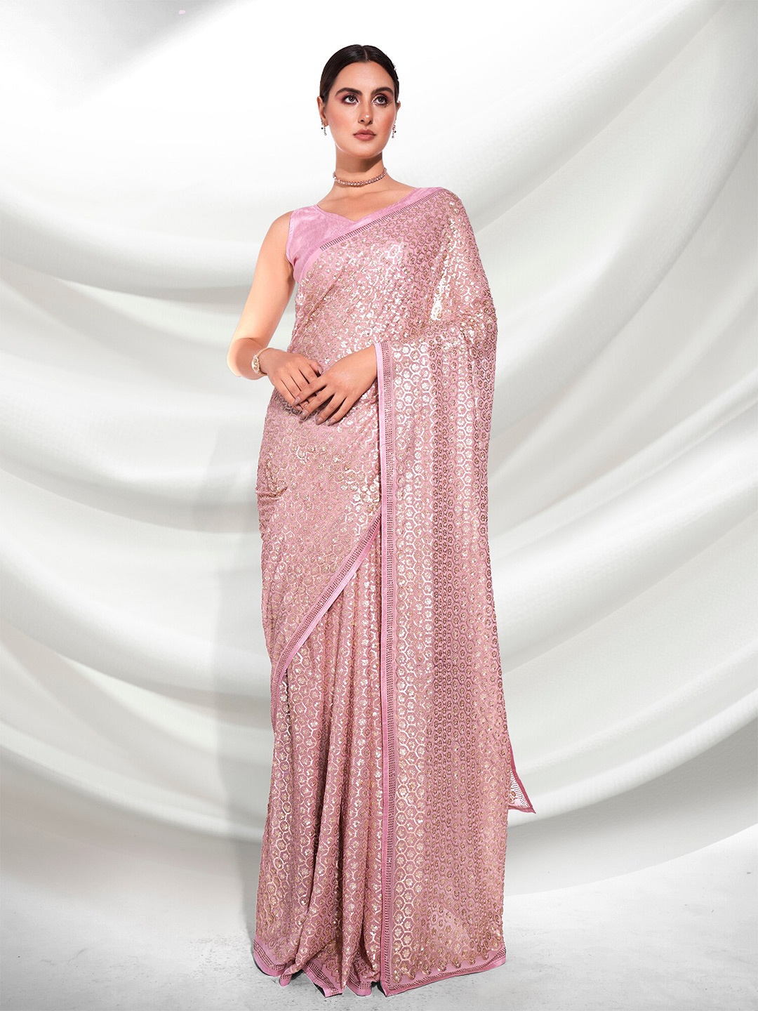 

Mitera Pink & Gold-Toned Embellished Sequinned Pure Georgette Saree