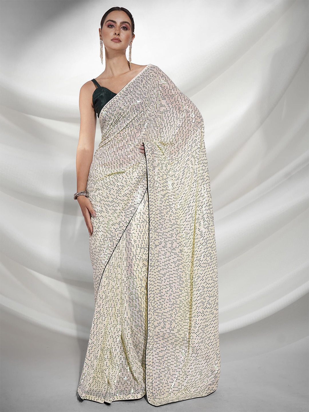 

Mitera Embellished Sequinned Pure Georgette Saree, Cream