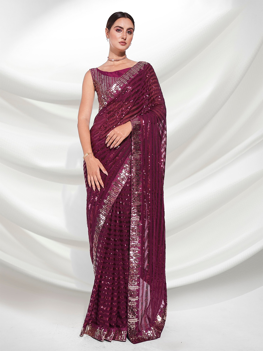 

Mitera Embellished Sequinned Pure Georgette Saree, Burgundy