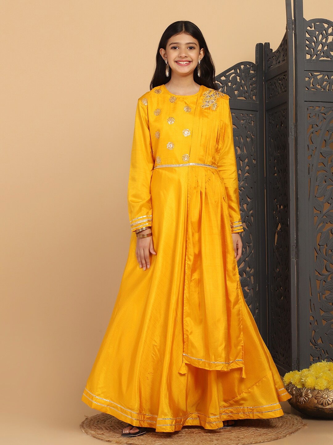 

FASHION DREAM Girls Floral Embroidered Sequinned Ethnic Dress, Yellow