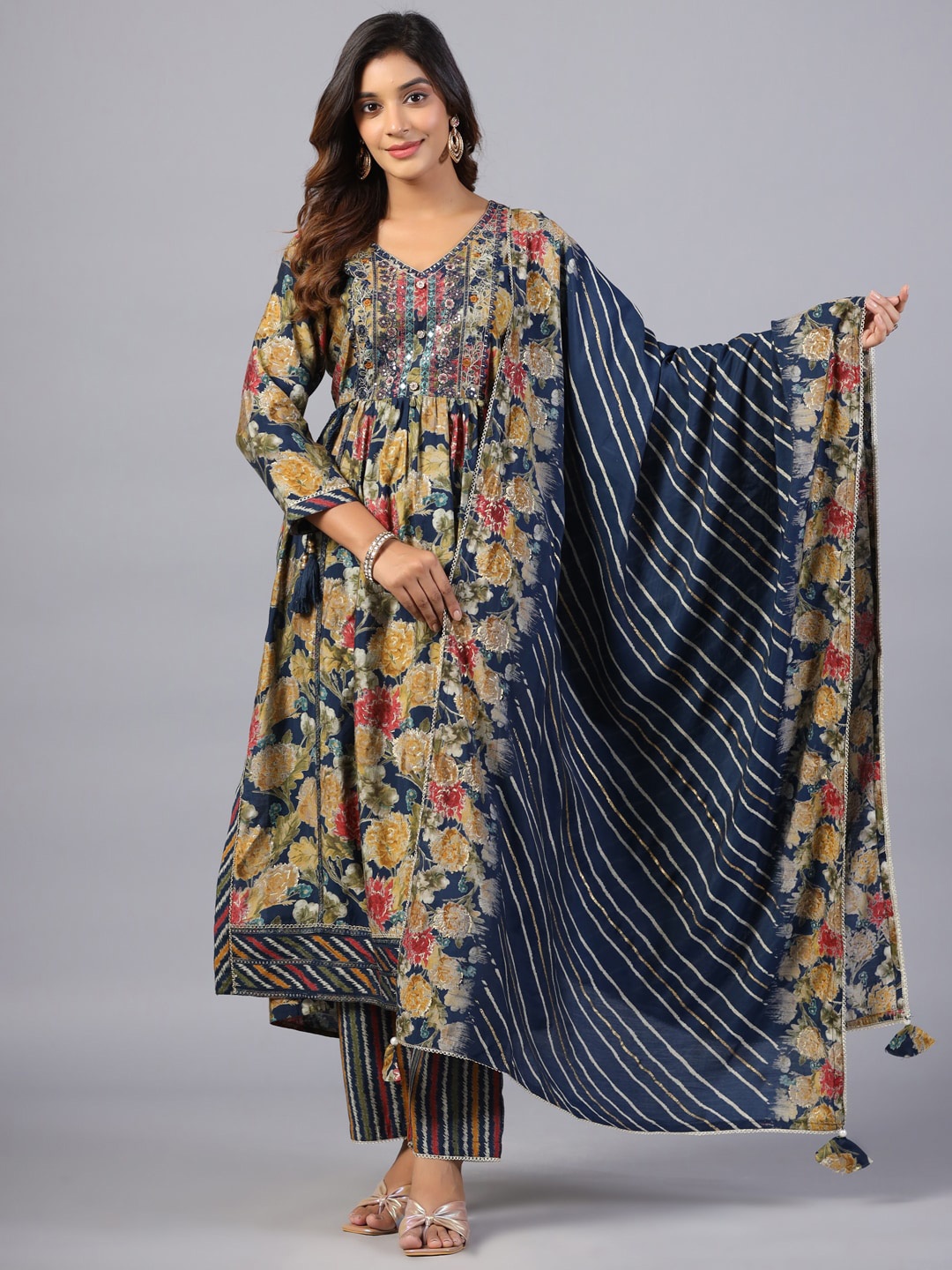 

Amchoor Floral Printed Sequinned Kurta with Trouser & With Dupatta, Blue