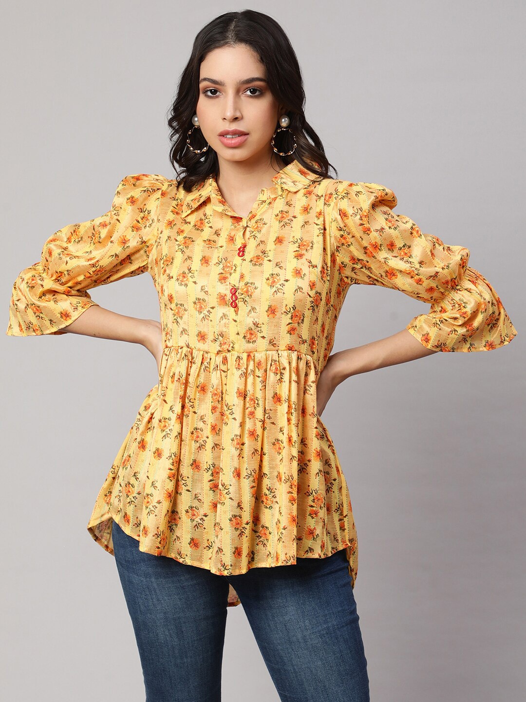

AKIMIA Floral Printed Shirt Collar Gathered Cotton Silk Kurti, Yellow