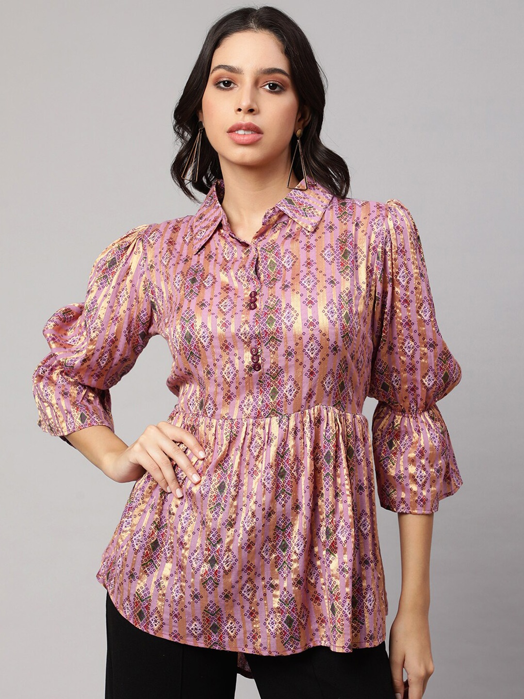 

AKIMIA Geometric Printed Shirt Collar Gathered Cotton Silk Kurti, Mauve