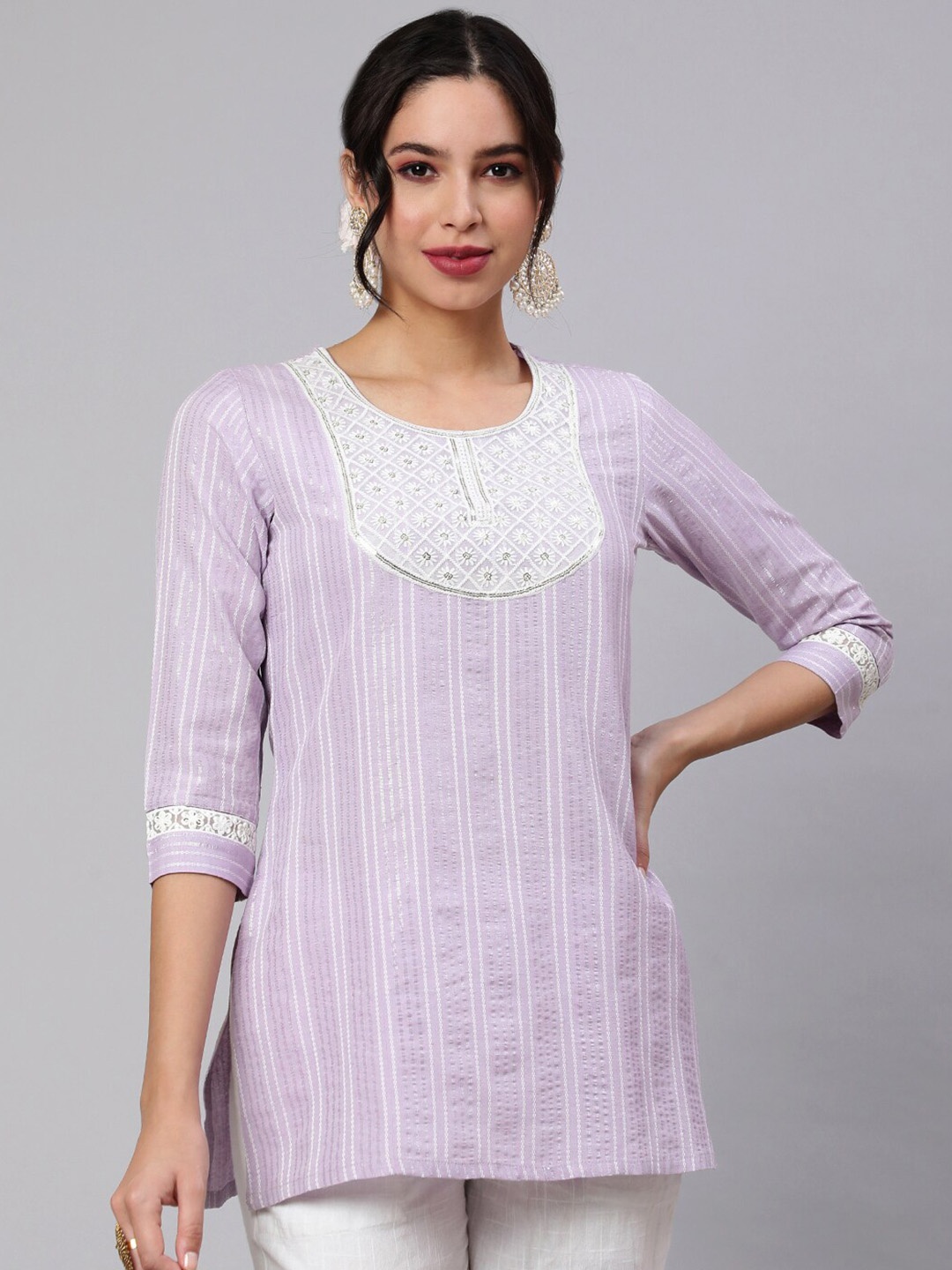 

AKIMIA Striped Thread Work Straight Kurti, Purple
