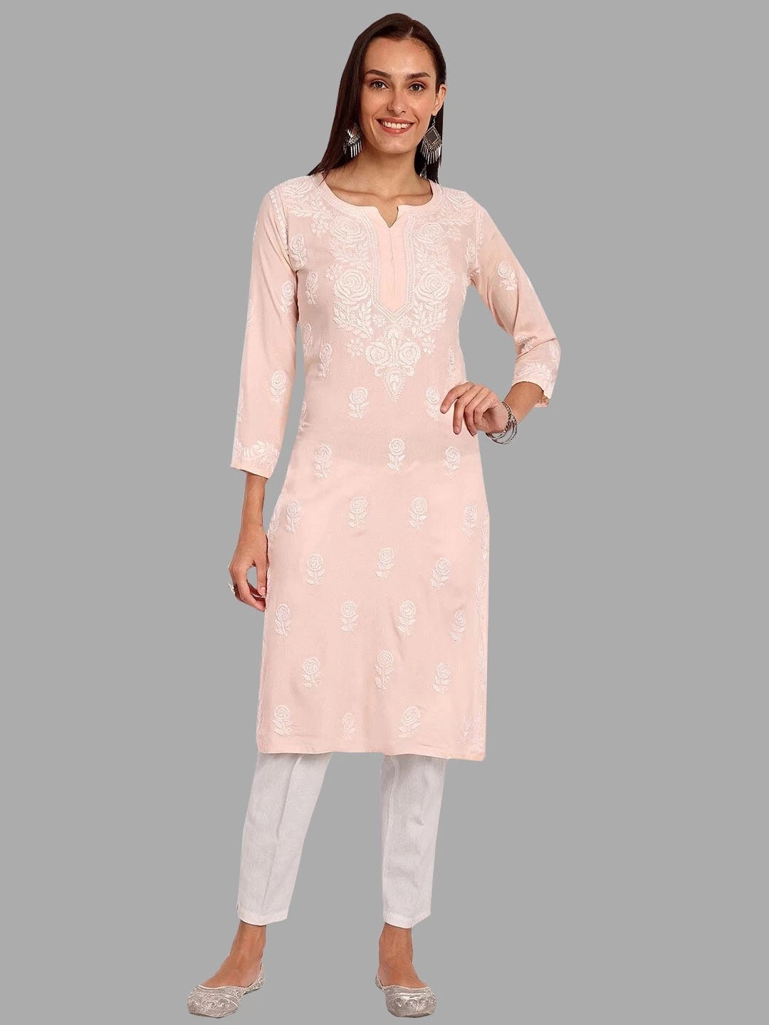 

ADA Floral Embroidered Lucknowi Chikankari Kurta, Peach