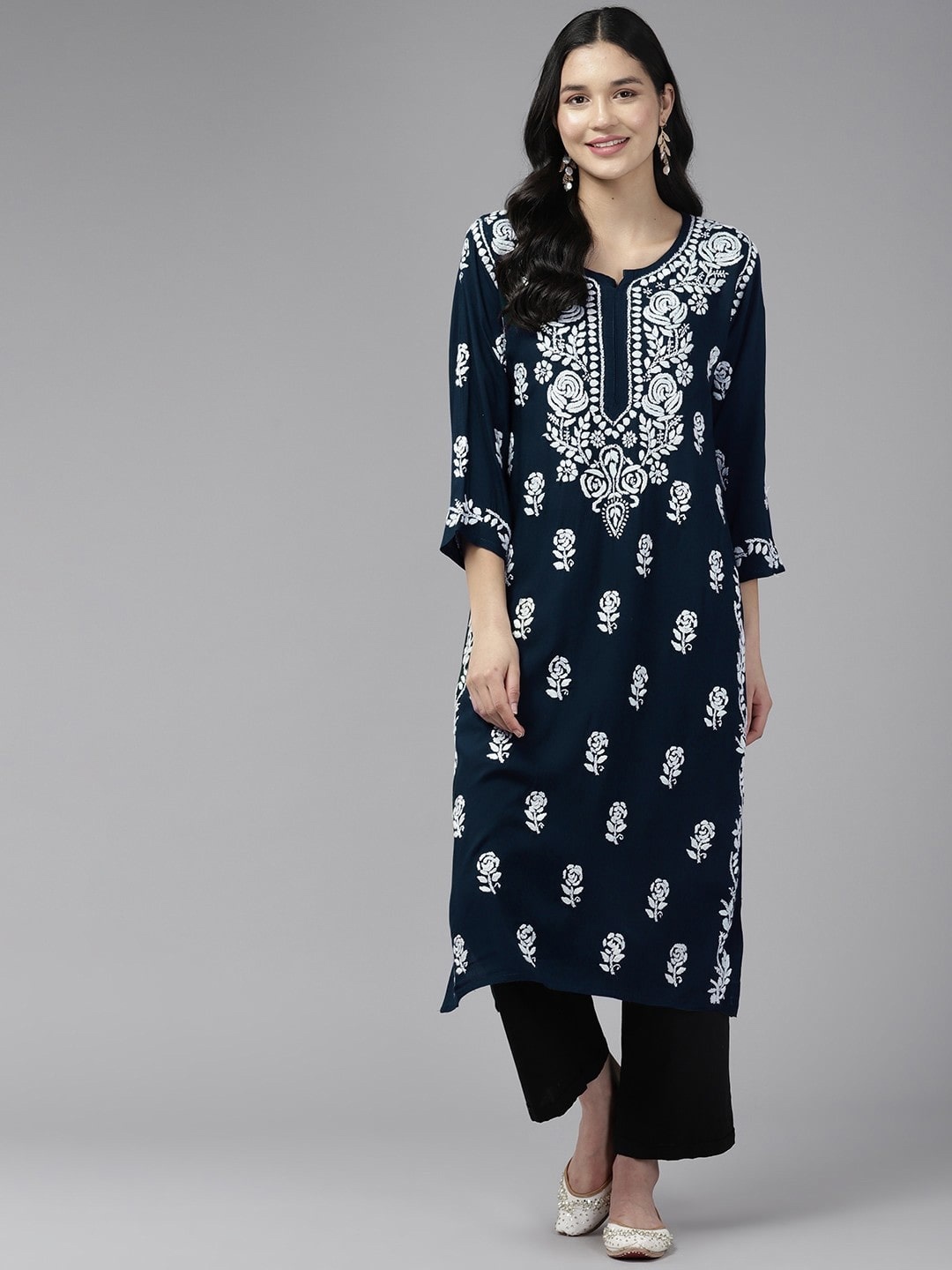 

ADA Floral Embroidered Lucknowi Chikankari Kurta, Navy blue