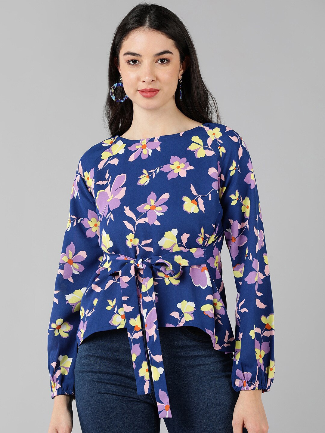 

AHIKA Floral Printed Boat Neck Raglan Sleeves Cinched Waist Top, Navy blue