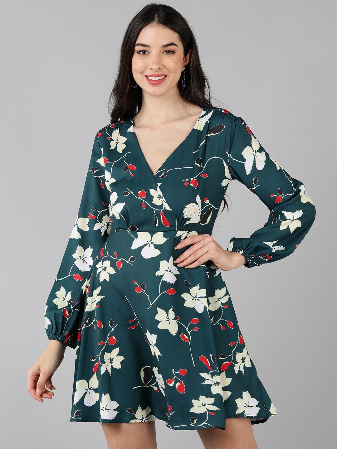 

AHIKA Green Floral Printed V-Neck Puff Sleeves Georgette Fit & Flare Dress