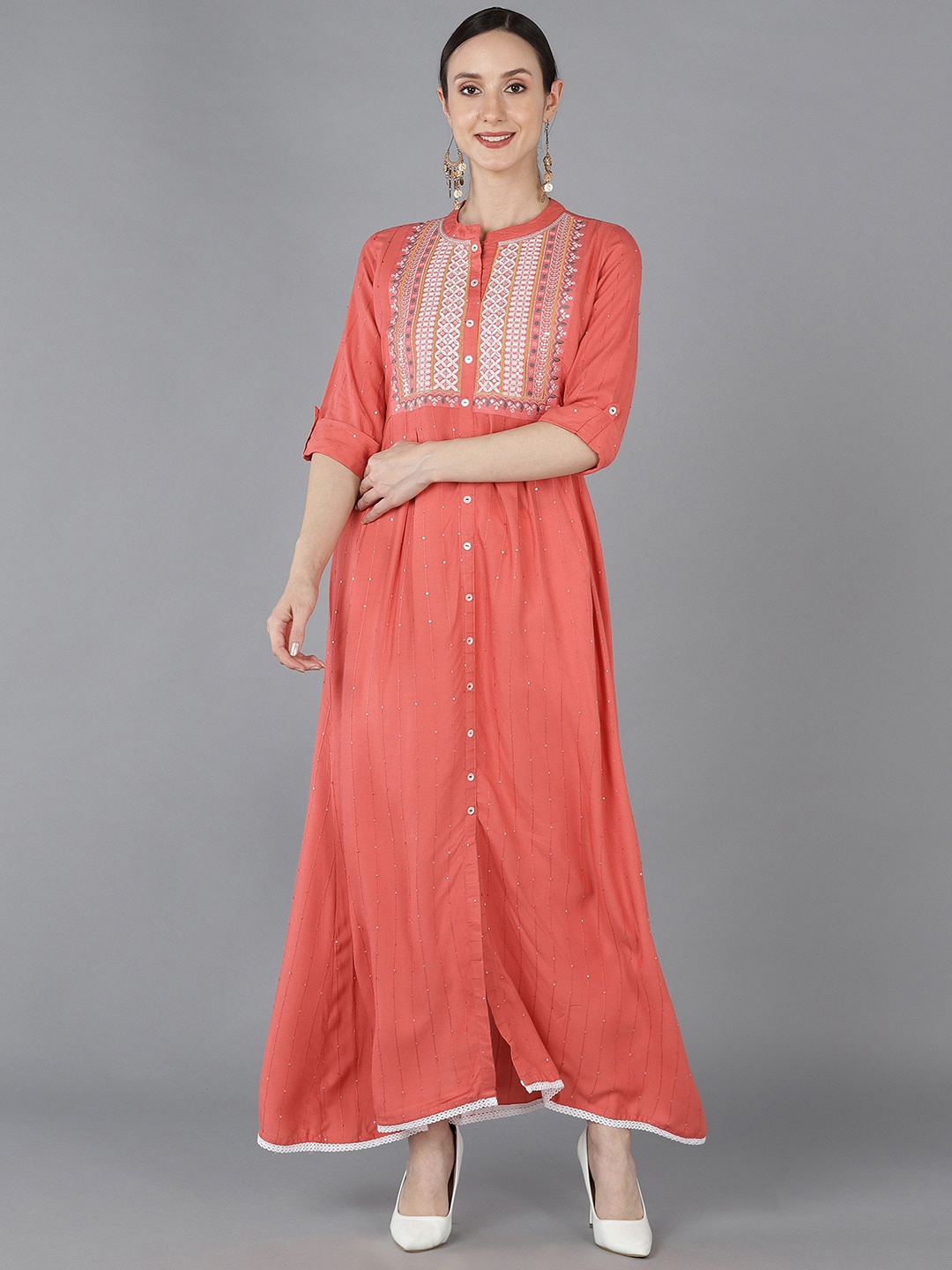 

AHIKA Mandarin Collar Yoke Design Maxi Ethnic Dresses, Peach