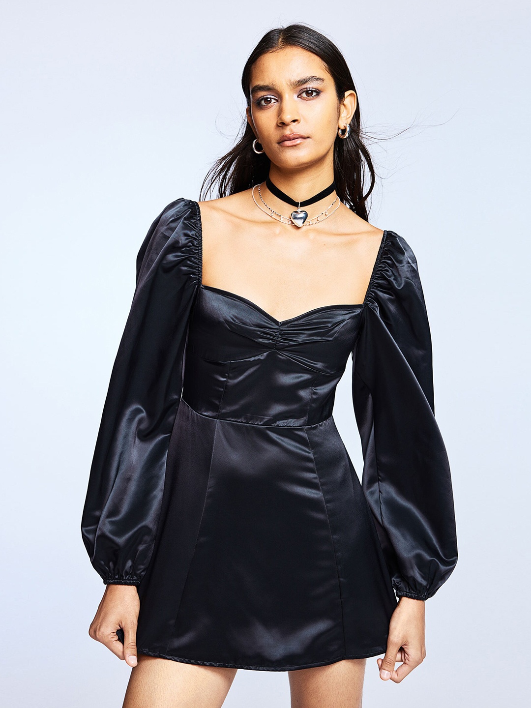 

H&M Balloon-Sleeved Satin Dress, Black