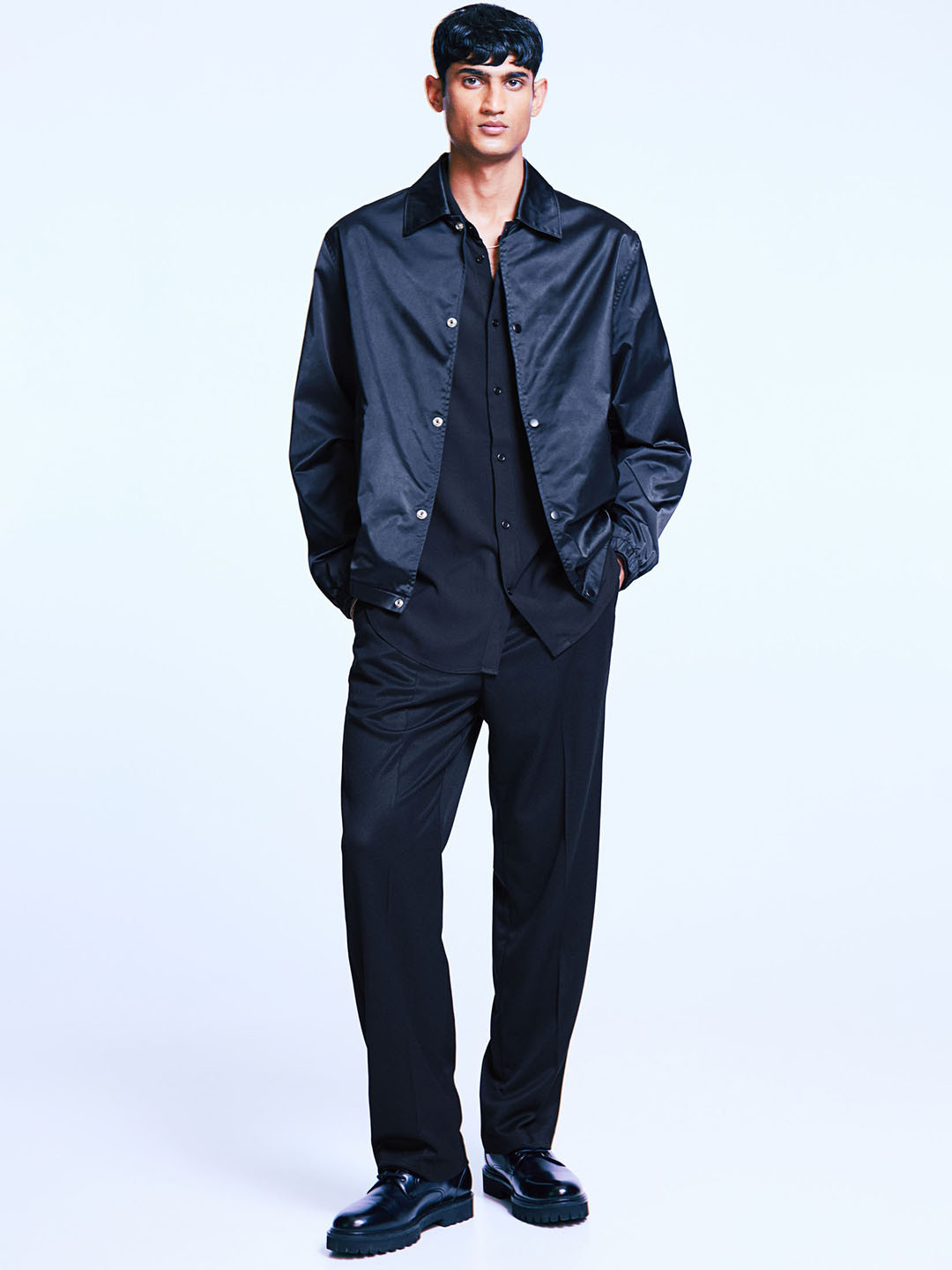 

H&M Loose Fit Satin Coach Jacket, Black