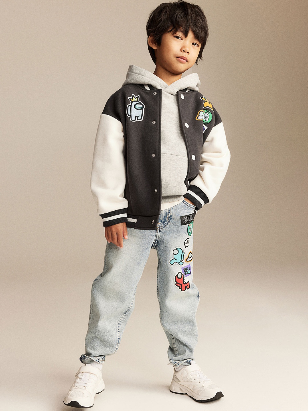 

H&M Boys Oversized Printed Baseball Jacket, Grey