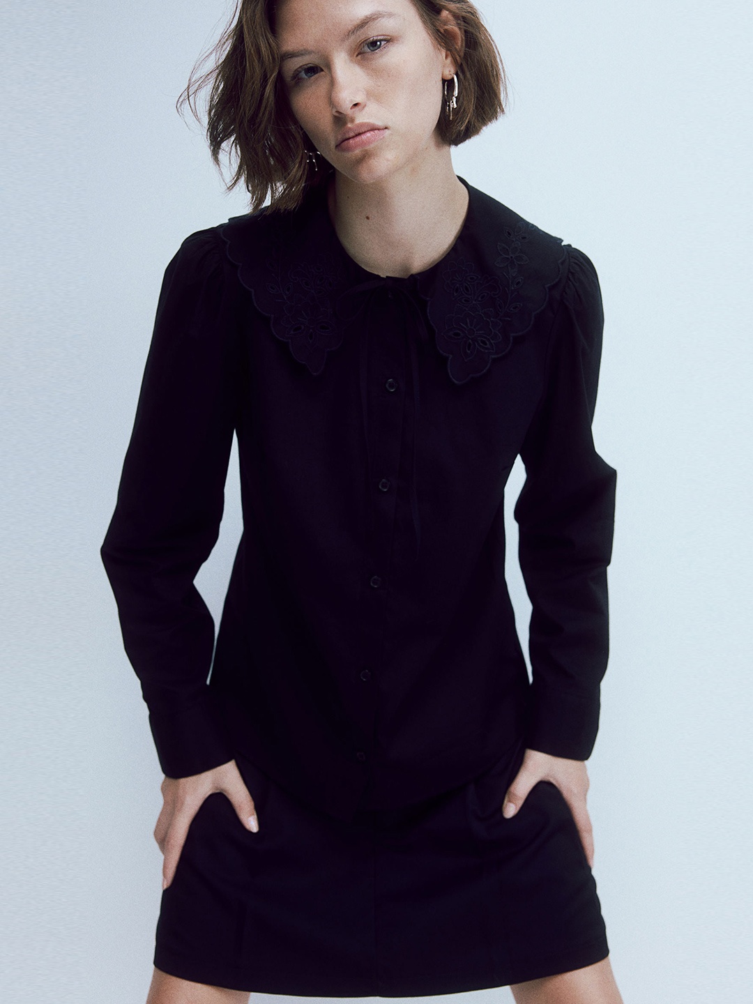 

H&M Peter Pan-Collared Cotton Shirt, Black