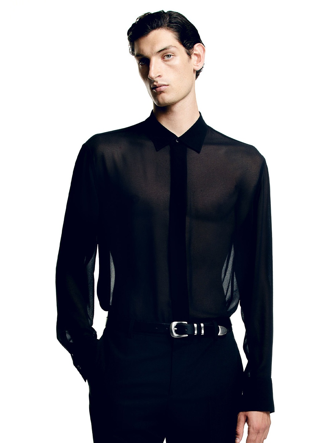 

H&M Regular Fit Sheer Shirt, Black