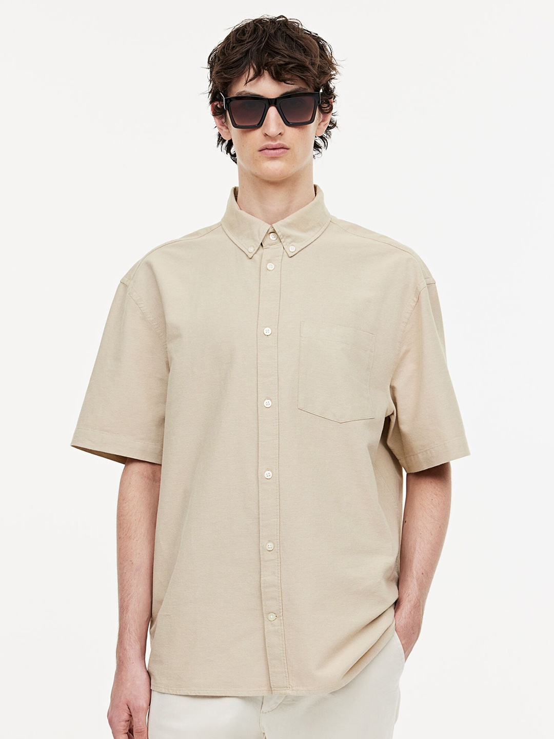 

H&M Pure Cotton Loose Fit Short-Sleeved Oxford Shirt, Beige