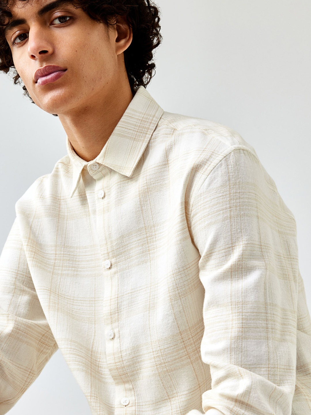 

H&M Pure Cotton Regular Fit Checked Shirt, Beige