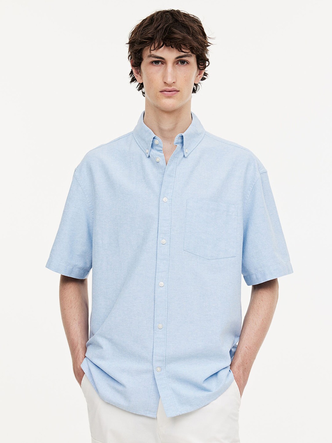 

H&M Pure Cotton Loose Fit Short-Sleeved Oxford Shirt, Blue