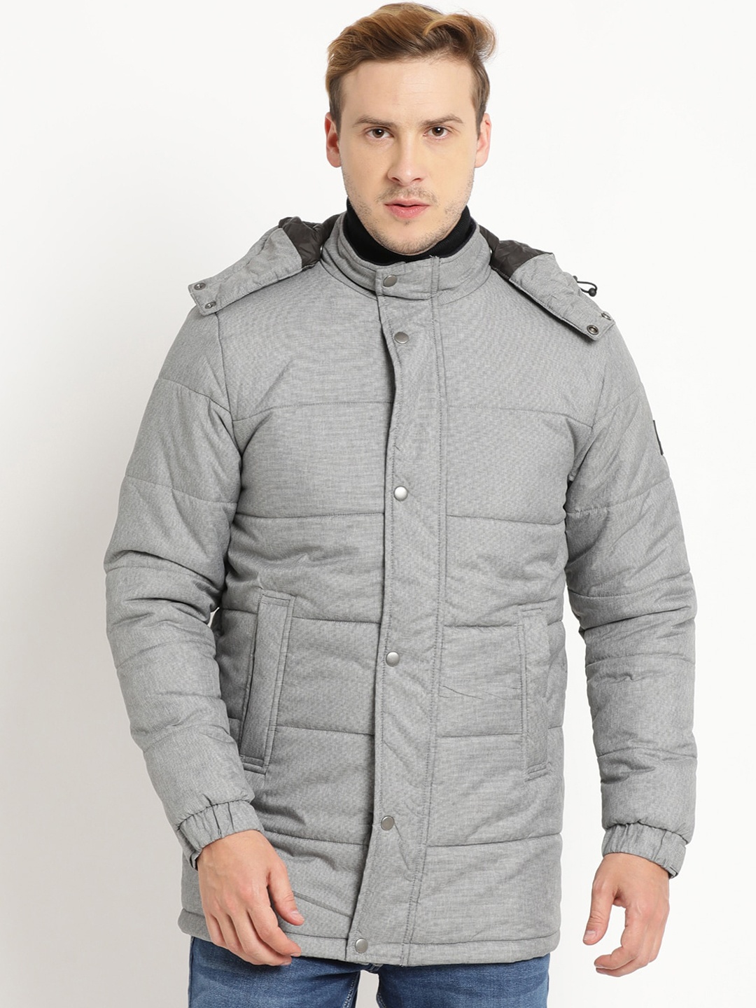 

Indian Terrain Hooded Longline Puffer Jacket with Patchwork, Grey