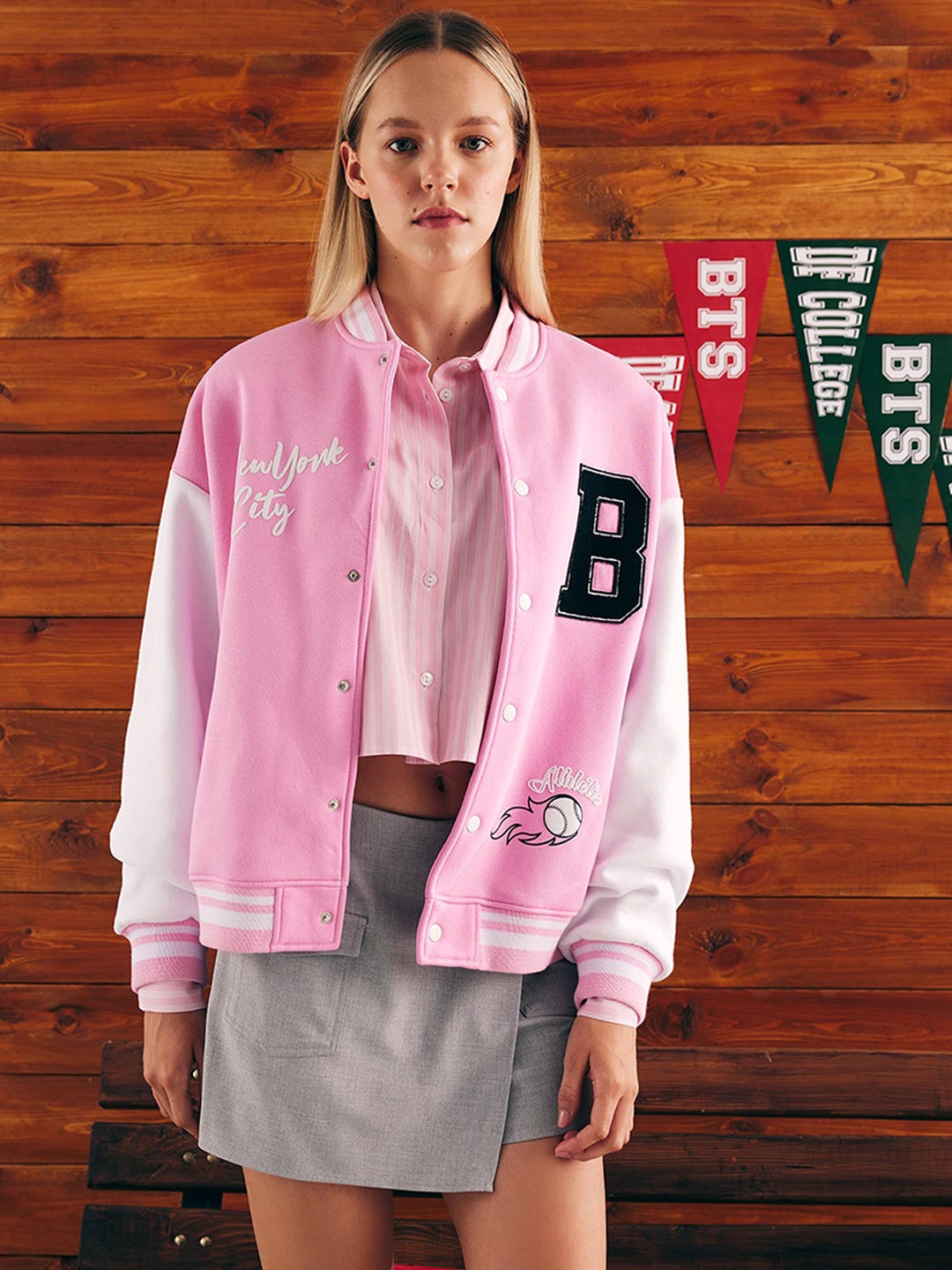 

DeFacto Typography Printed Varsity Jacket, Pink