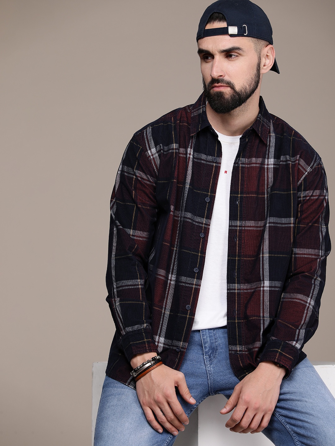 Roadster Men Relaxed Checked Pure Cotton Casual Shirt, Navy blue