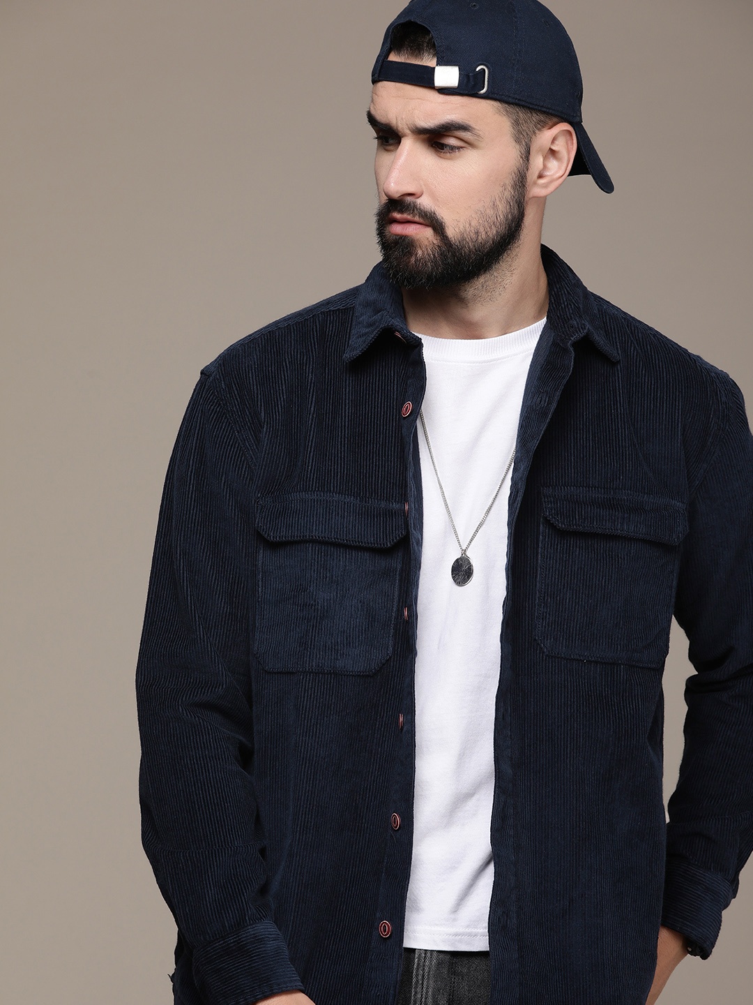 

Roadster Men Relaxed Pure Cotton Corduroy Shacket, Navy blue