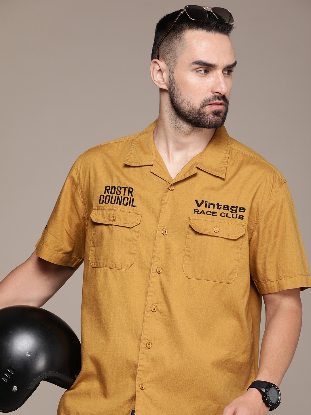 

Roadster Men Embroidered Relaxed Cuban Collar Pure Cotton Casual Shirt, Mustard
