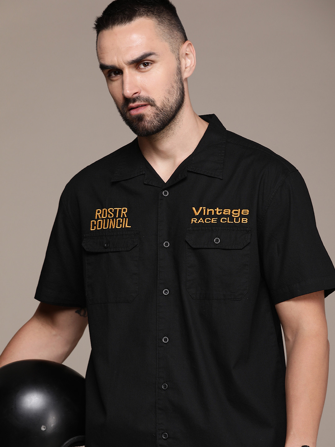 

Roadster Men Embroidered Relaxed Cuban Collar Pure Cotton Casual Shirt, Black
