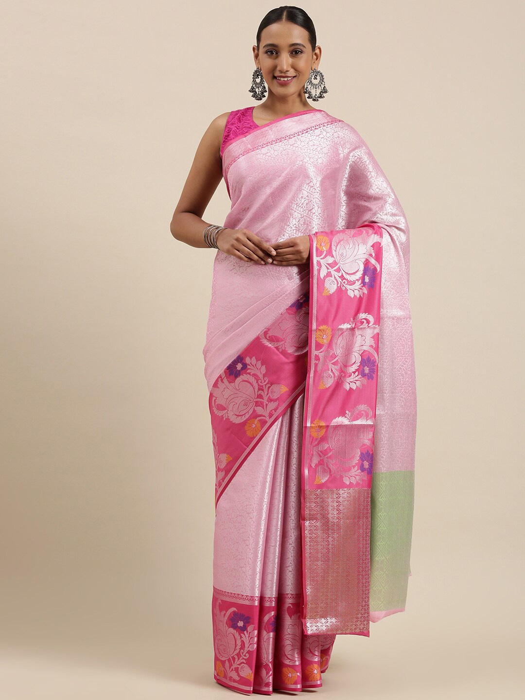 

PTIEPL Banarasi Silk Works Ethnic Motifs Woven Design Zari Kanjeevaram Saree, Pink