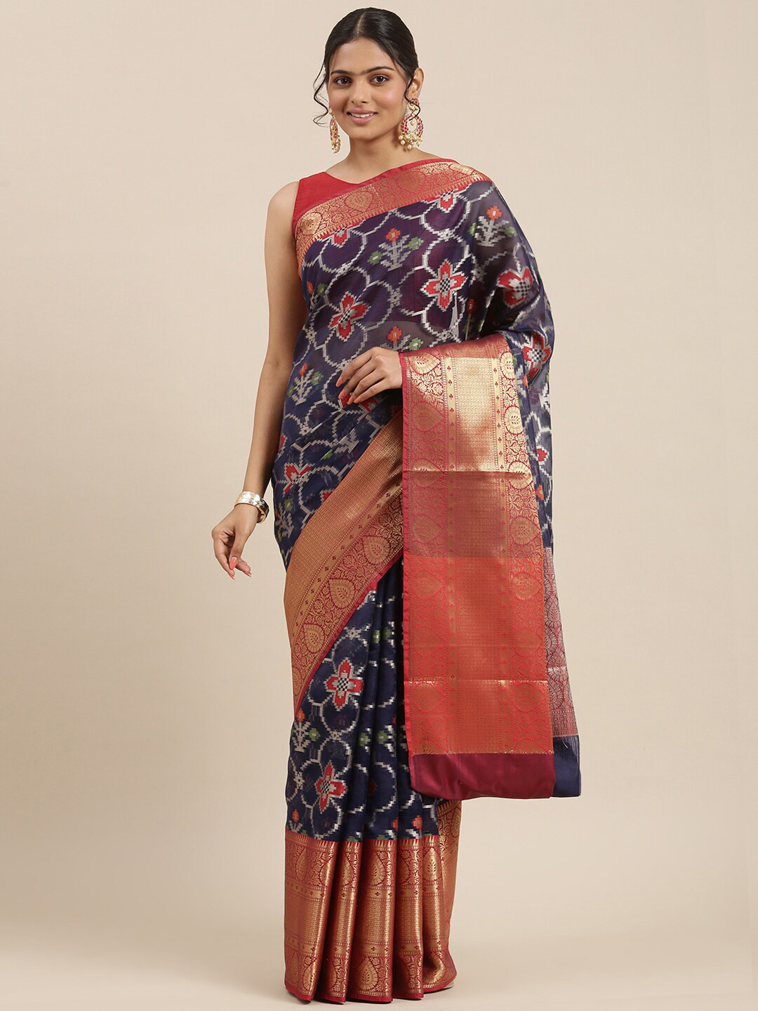 

PTIEPL Banarasi Silk Works Ethnic Motifs Woven Design Zari Brocade Banarasi Saree, Blue