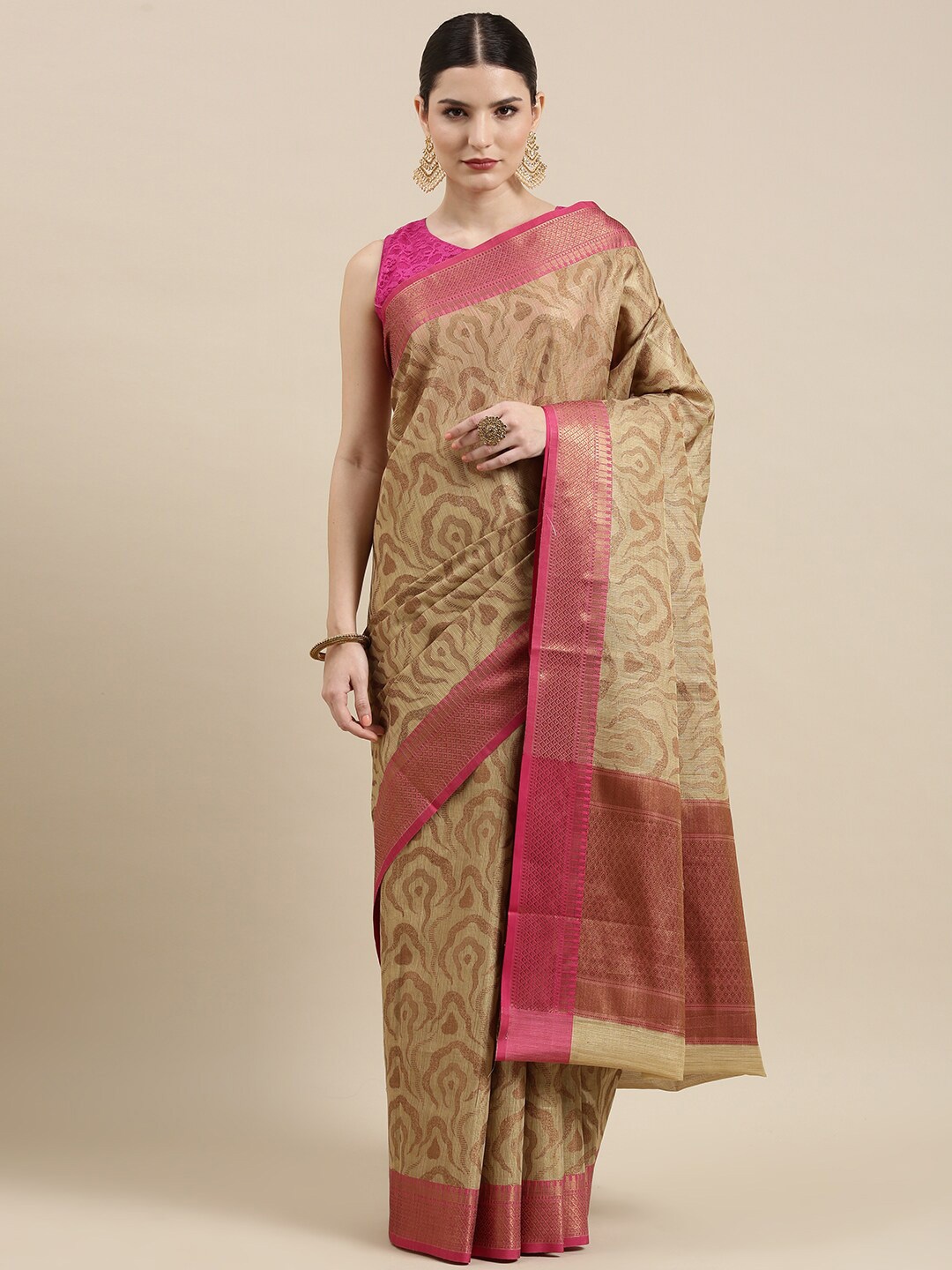 

PTIEPL Banarasi Silk Works Abstract Woven Design Zari Tissue Banarasi Saree, Beige