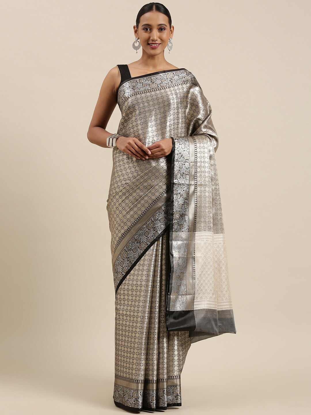 

PTIEPL Banarasi Silk Works Ethnic Motifs Woven Design Zari Banarasi Saree, Grey