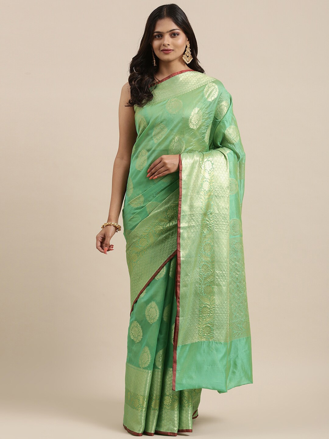 

PTIEPL Banarasi Silk Works Ethnic Motifs Woven Design Zari Banarasi Saree, Sea green